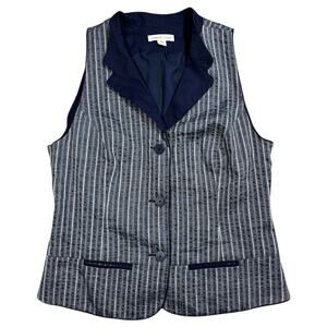 Coldwater Creek Lined Cotton Blend Vest Navy White Striped Tuxedo Collar Size 8